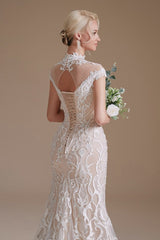 Sleeveless Mermaid Wedding Dress High-neck Lace With Sleeves