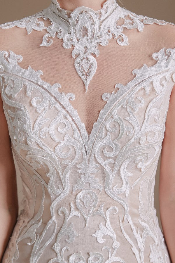 Sleeveless Mermaid Wedding Dress High-neck Lace With Sleeves