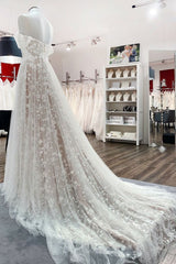 Sleeveless Off-the-Shoulder A-Line Wedding Dress with Ruffles and Tulle Lace Appliques