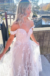 Sleeveless Off-the-shoulder Sweetheart A-line Wedding Dress With Tulle Appliques Lace