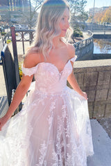 Sleeveless Off-the-shoulder Sweetheart A-line Wedding Dress With Tulle Appliques Lace