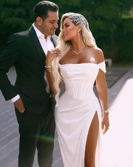 White Off the Shoulder Prom Dress with High Split