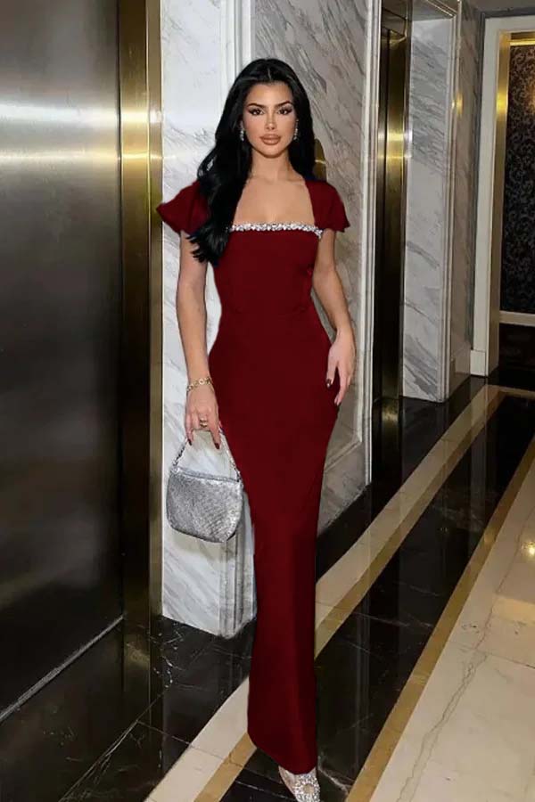 Square Neck Mermaid Long Prom Dress with Pleated Beading