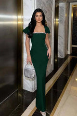 Square Neck Mermaid Long Prom Dress with Pleated Beading