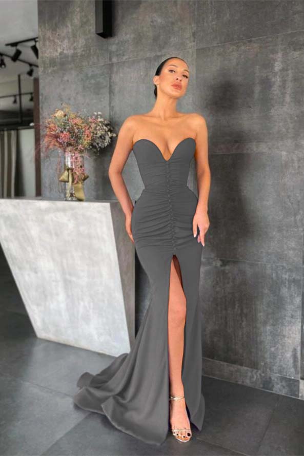 Strapless Mermaid Long Prom Dress with Pleated Split