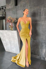 Strapless Mermaid Long Prom Dress with Pleated Split