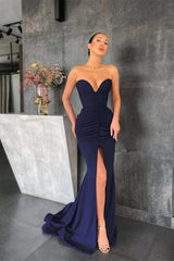 Strapless Mermaid Long Prom Dress with Pleated Split