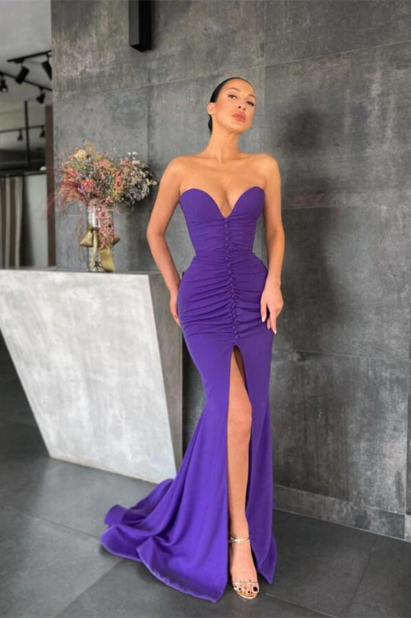 Strapless Mermaid Long Prom Dress with Pleated Split