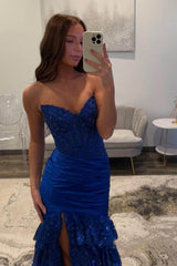 Strapless Long Pleated Prom Dress with Sequins and Split