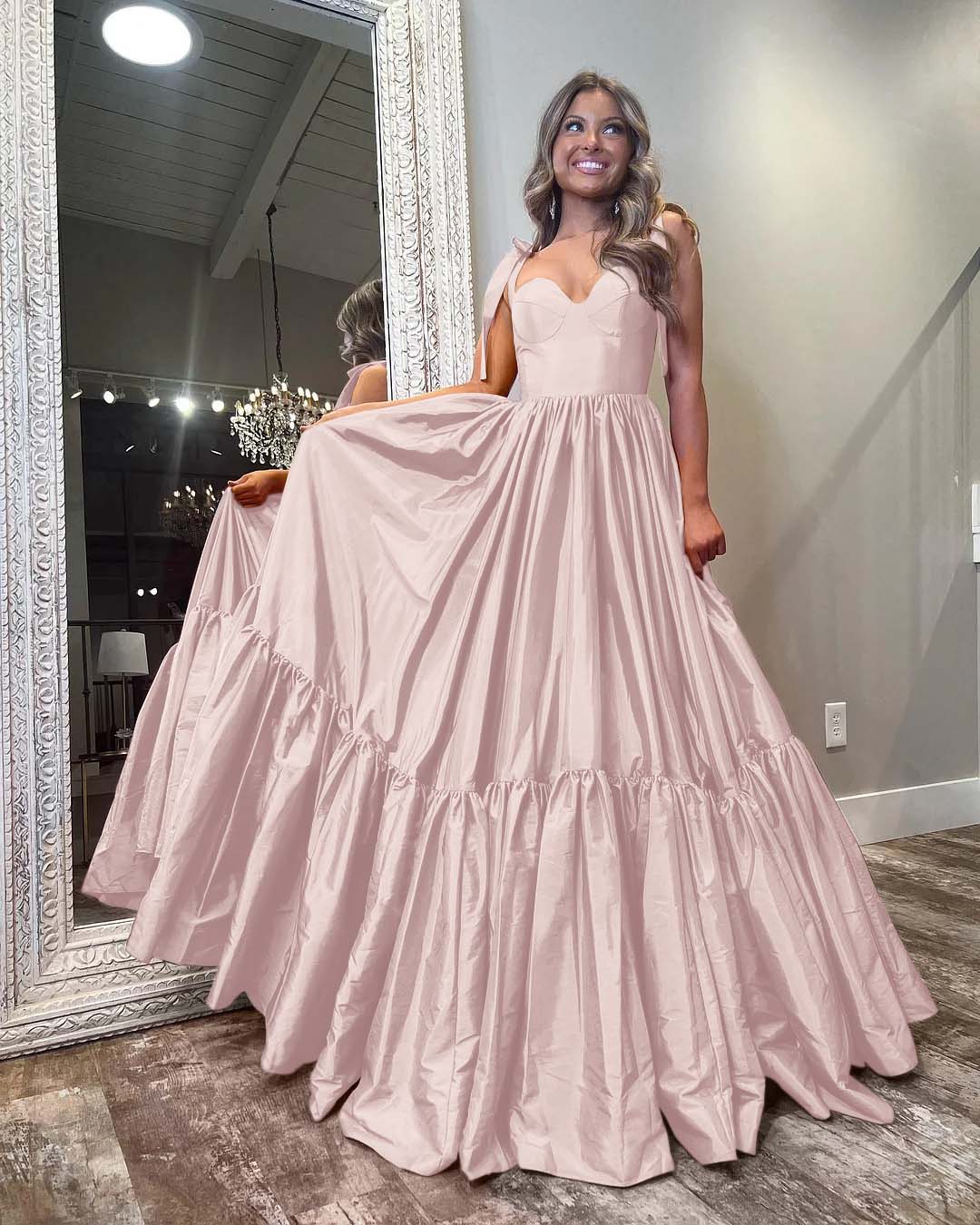 Sweetheart Spaghetti Strap Long Pleated Prom Dress with Ruffles