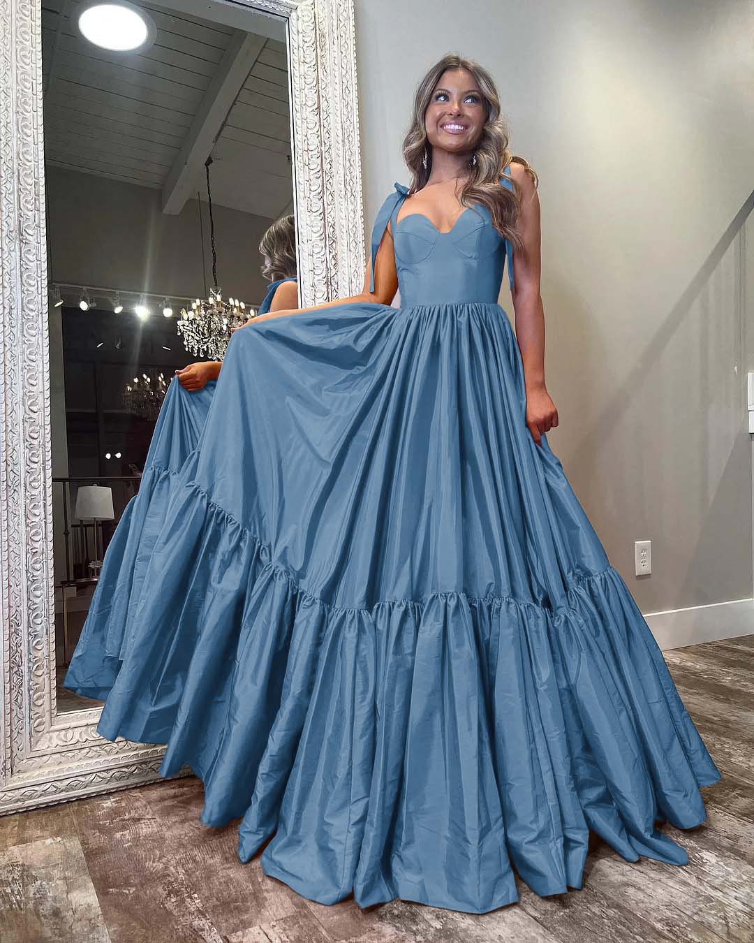Sweetheart Spaghetti Strap Long Pleated Prom Dress with Ruffles