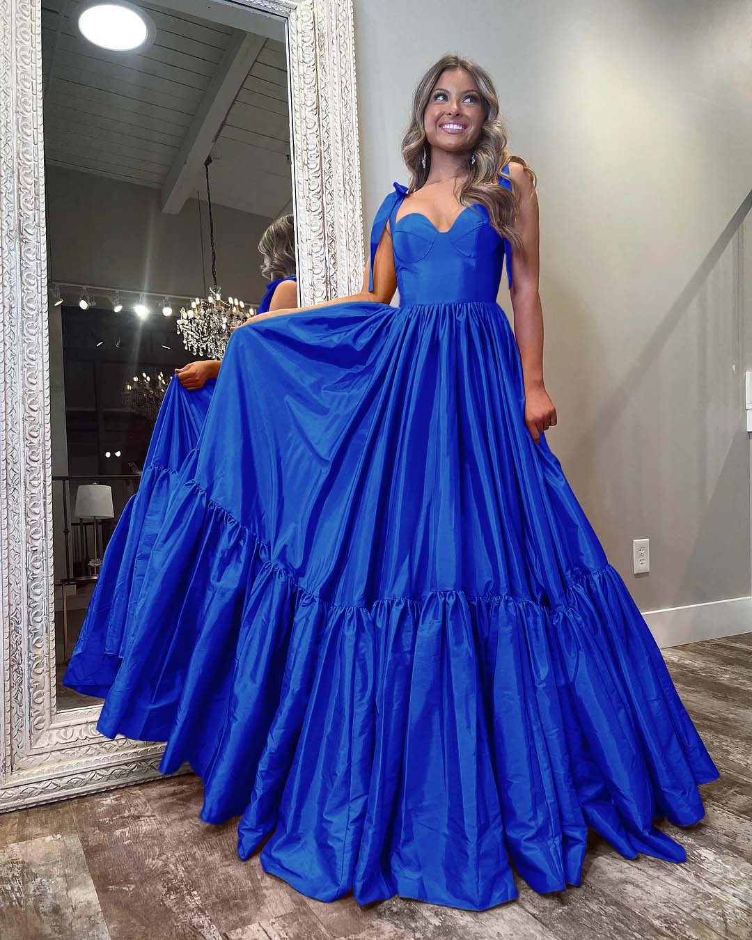 Sweetheart Spaghetti Strap Long Pleated Prom Dress with Ruffles