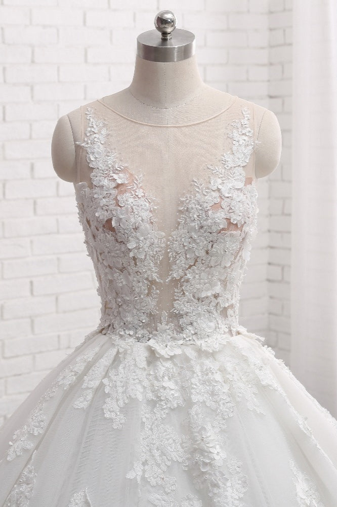 Sleeveless Tulle Train Long Wedding Dress With Appliques Lace