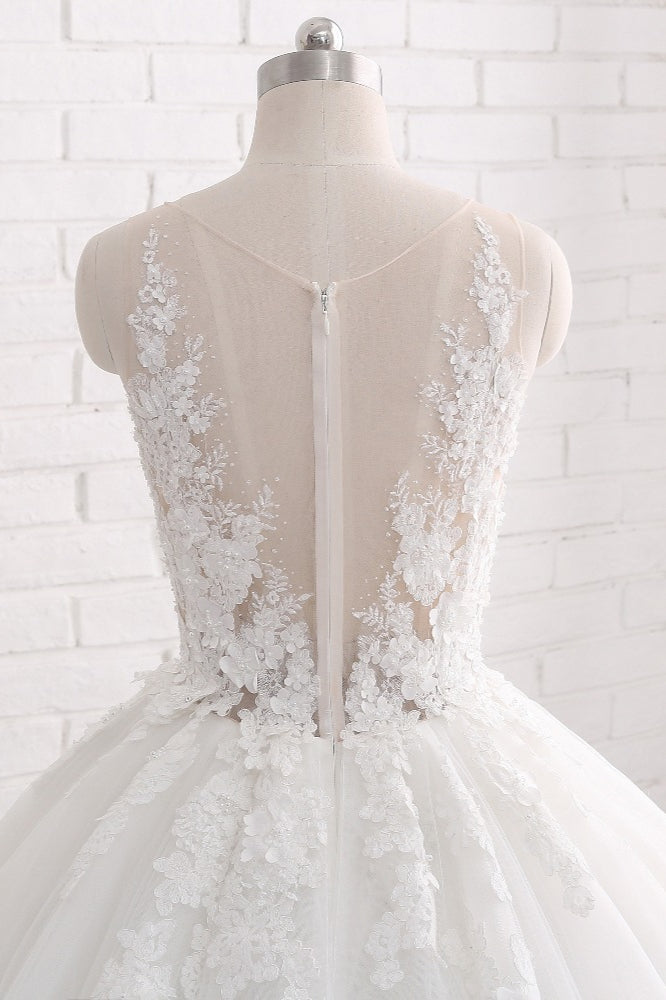 Sleeveless Tulle Train Long Wedding Dress With Appliques Lace