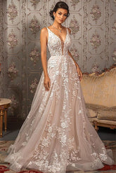 Sleeveless V-Neck Tulle A-Line Lace Appliques Wedding Dress