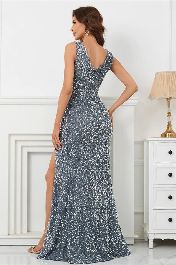 Silver V Neck Mermaid Long Prom Dress with Sequins and Split
