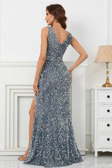 Silver V Neck Mermaid Long Prom Dress with Sequins and Split