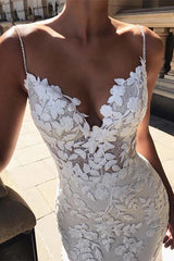 Spaghetti Strap Backless Long Mermaid Wedding Dress with Lace Appliques