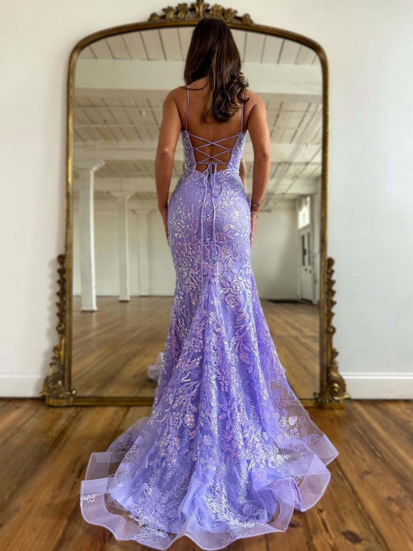 Spaghetti Strap Backless Mermaid Long Prom Dress with Appliques