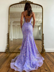 Spaghetti Strap Backless Mermaid Long Prom Dress with Appliques