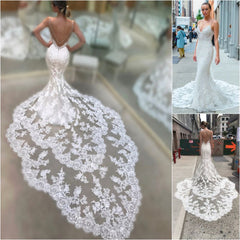 Spaghetti Strap Backless V-Neck Long Mermaid Wedding Dress with Lace