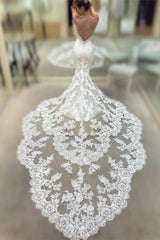 Spaghetti Strap Backless V-Neck Long Mermaid Wedding Dress with Lace