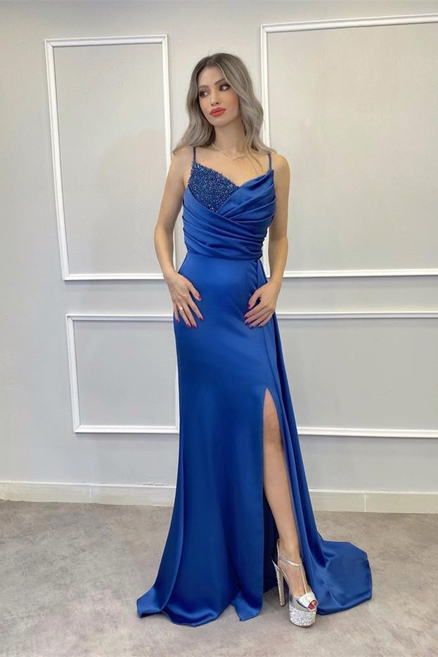 Spaghetti-Strap Beaded Long Mermaid Prom Dress with Split and Ruffles