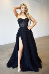Black Spaghetti Strap Long Prom Dress with Split and Lace Appliques