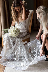 Spaghetti Strap Jewel Mermaid Wedding Dress with V-Neck Lace