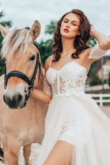 Spaghetti Strap Lace Wedding Dress with Detachable Sleeves and Split