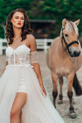 Spaghetti Strap Lace Wedding Dress with Detachable Sleeves and Split