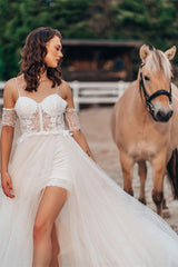 Spaghetti Strap Lace Wedding Dress with Detachable Sleeves and Split