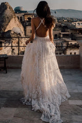 Spaghetti Strap Lace Wedding Dress with Slit