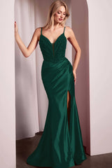 Spaghetti Strap Mermaid Long Prom Dress with Split Beading and Pleats