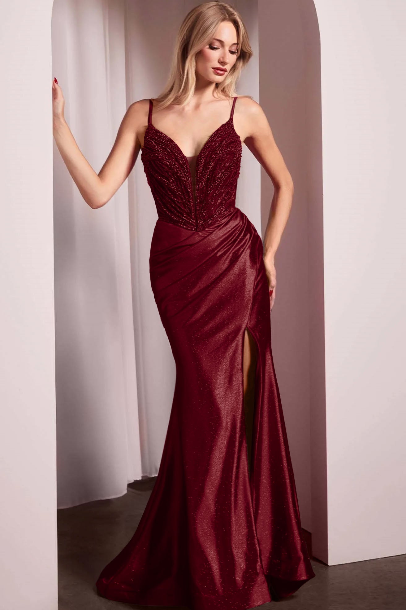 Spaghetti Strap Mermaid Long Prom Dress with Split Beading and Pleats