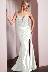 Spaghetti Strap Mermaid Long Prom Dress with Split Beading and Pleats