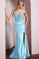 Spaghetti Strap Mermaid Long Prom Dress with Split Beading and Pleats
