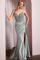 Spaghetti Strap Mermaid Long Prom Dress with Split Beading and Pleats