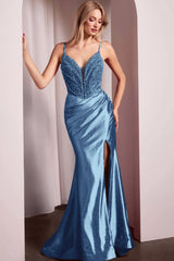 Spaghetti Strap Mermaid Long Prom Dress with Split Beading and Pleats