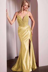 Spaghetti Strap Mermaid Long Prom Dress with Split Beading and Pleats