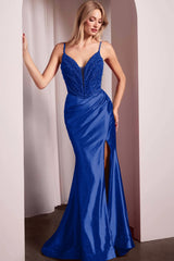 Spaghetti Strap Mermaid Long Prom Dress with Split Beading and Pleats