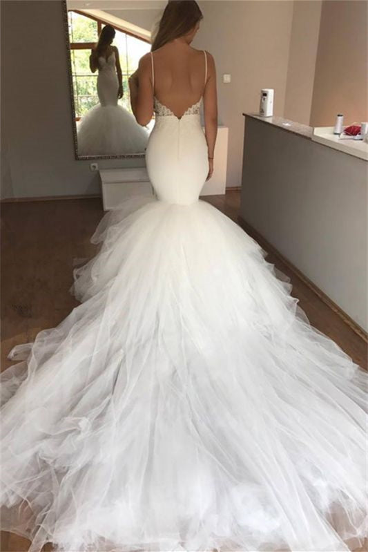 Spaghetti Strap Long Mermaid Wedding Dress with Lace Appliques