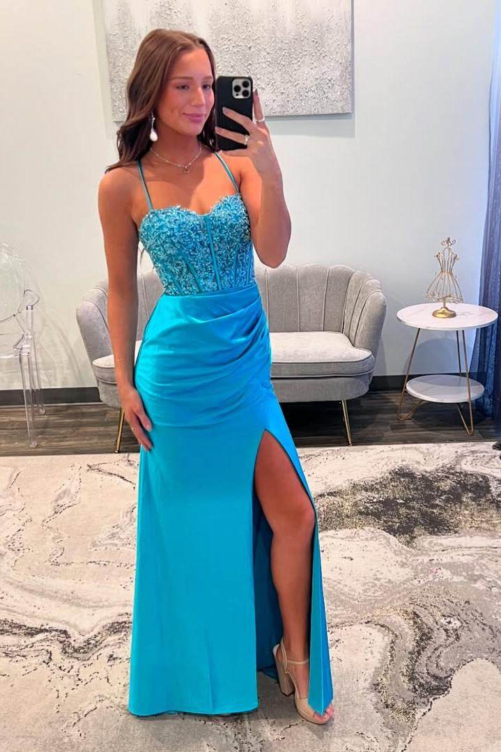 Spaghetti Strap Mermaid Long Prom Dress with Appliques