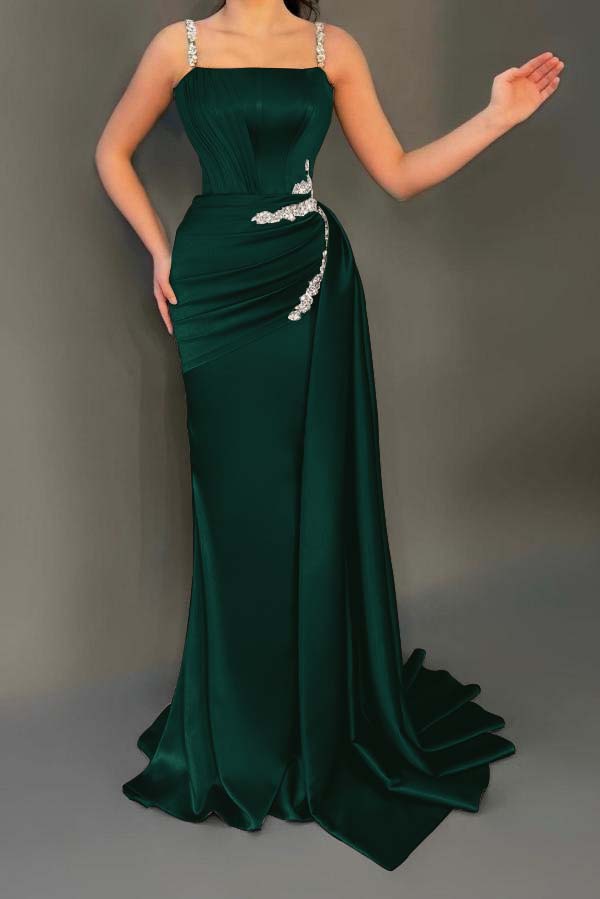 Spaghetti Strap Mermaid Long Pleated Prom Dress with Beading