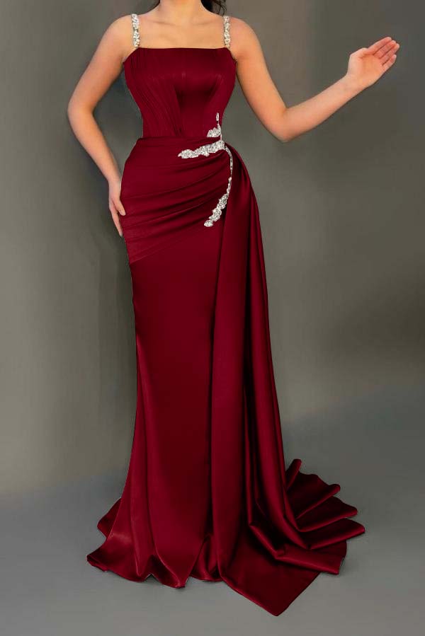 Spaghetti Strap Mermaid Long Pleated Prom Dress with Beading