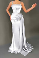 Spaghetti Strap Mermaid Long Pleated Prom Dress with Beading