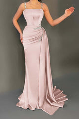 Spaghetti Strap Mermaid Long Pleated Prom Dress with Beading