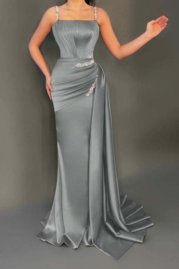 Spaghetti Strap Mermaid Long Pleated Prom Dress with Beading