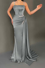 Spaghetti Strap Mermaid Long Pleated Prom Dress with Beading
