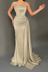 Spaghetti Strap Mermaid Long Pleated Prom Dress with Beading